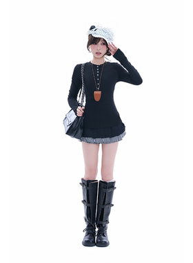 kk soul韩系假两件拼接撞色长袖T恤女显瘦修身短款圆领打底上衣春