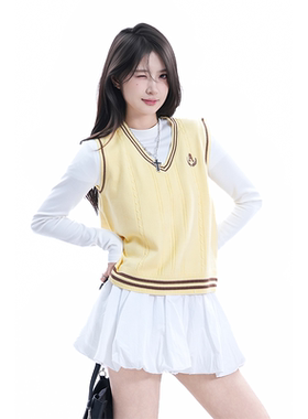 kk soul韩系学院风黄色针织马甲慵懒休闲坎肩百搭V领叠穿毛衣背心