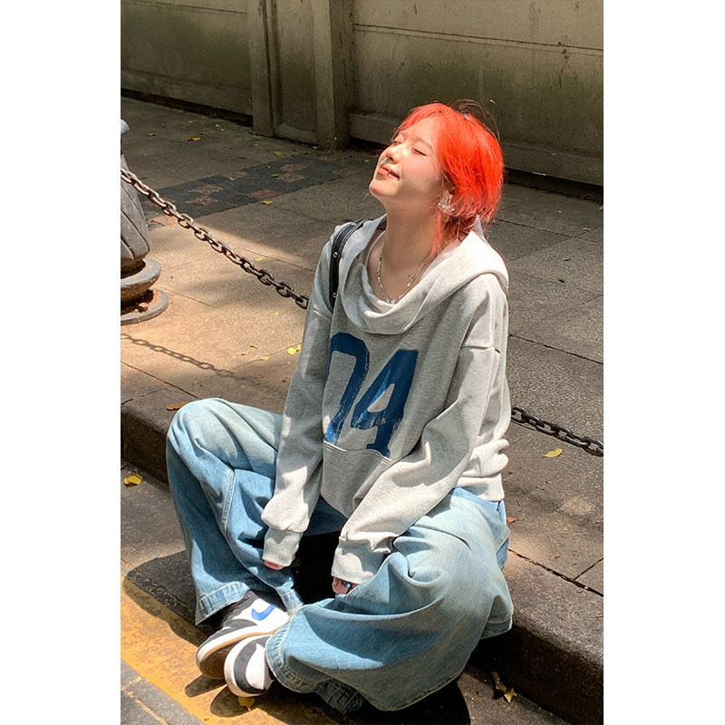 kk soul美式休闲运动风数字印花长袖卫衣简约宽松显瘦连帽上衣潮