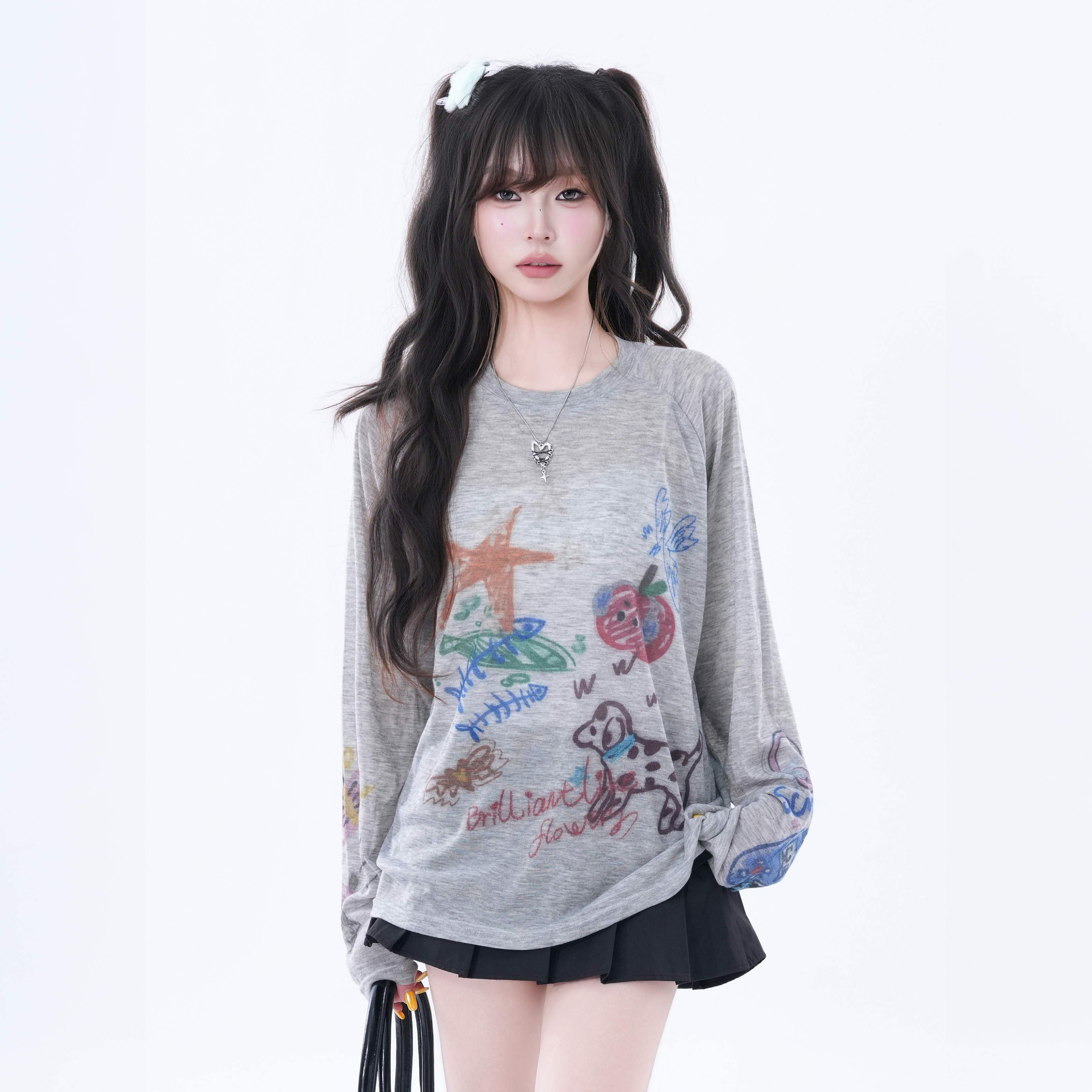 kk soul韩系甜美卡通涂鸦长袖T恤女春秋新款宽松休闲薄款上衣