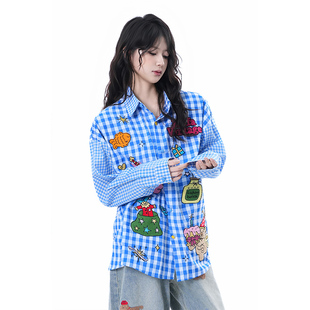 休闲百搭宽松蓝色衬衣外套 soul日系趣味卡通拼接格子长袖 衬衫