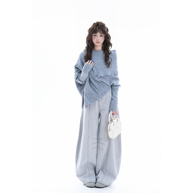 kk soul韩系短款不规则设计感毛衣秋冬慵懒风一字肩麻花纹针织衫