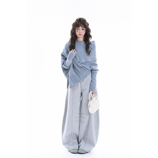 不规则设计感毛衣秋冬慵懒风一字肩麻花纹针织衫 soul韩系短款