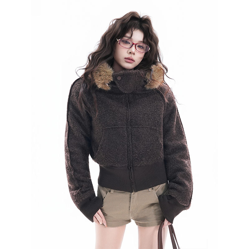 kk soul美式复古可拆卸毛领连帽卫衣女冬季加厚保暖修身显瘦外套