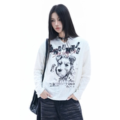 慵懒风破洞微透感宽松百搭上衣 罩衫 soul美式 复古狗狗涂鸦长袖