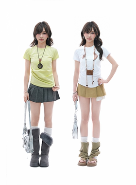 kk soul基础款压褶正肩圆领短袖T恤女修身显瘦打底内搭短款上衣潮