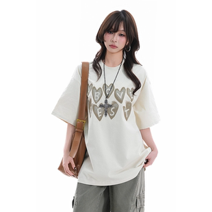 T恤女夏季 复古爱心印花字母短袖 慵懒风宽松休闲上衣潮 soul美式