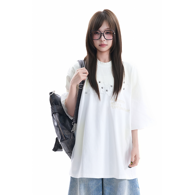 kk soul美式街头星星铆钉贴布绣短袖T恤女夏季设计感宽松纯棉上衣