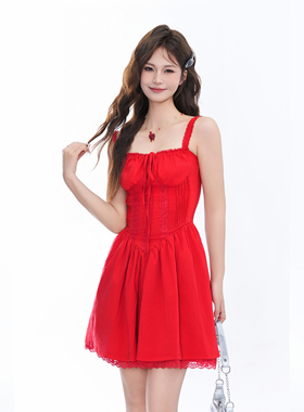 kk soul法式性感设计感褶皱红色吊带连衣裙女夏辣妹露背绑带短裙