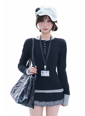 kk soul撞色叠穿假两件复古百搭内搭打底衫女设计感修身短款长袖