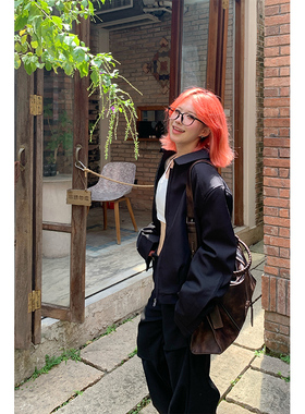 kk soul美式复古黑色拉链夹克小众高级感cleanfit超A短款上衣外套