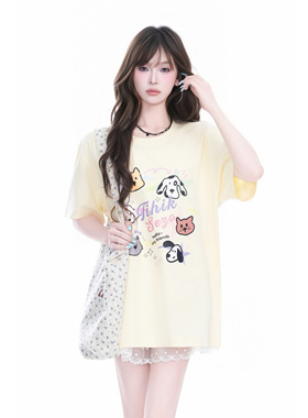kk soul少女奶黄色卡通印花短袖T恤夏季新款甜美风宽松休闲上衣