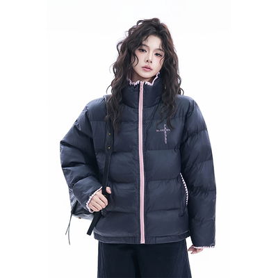 kk soul美式十字架印花立领棉服女冬季黑粉撞色拼接设计感面包服