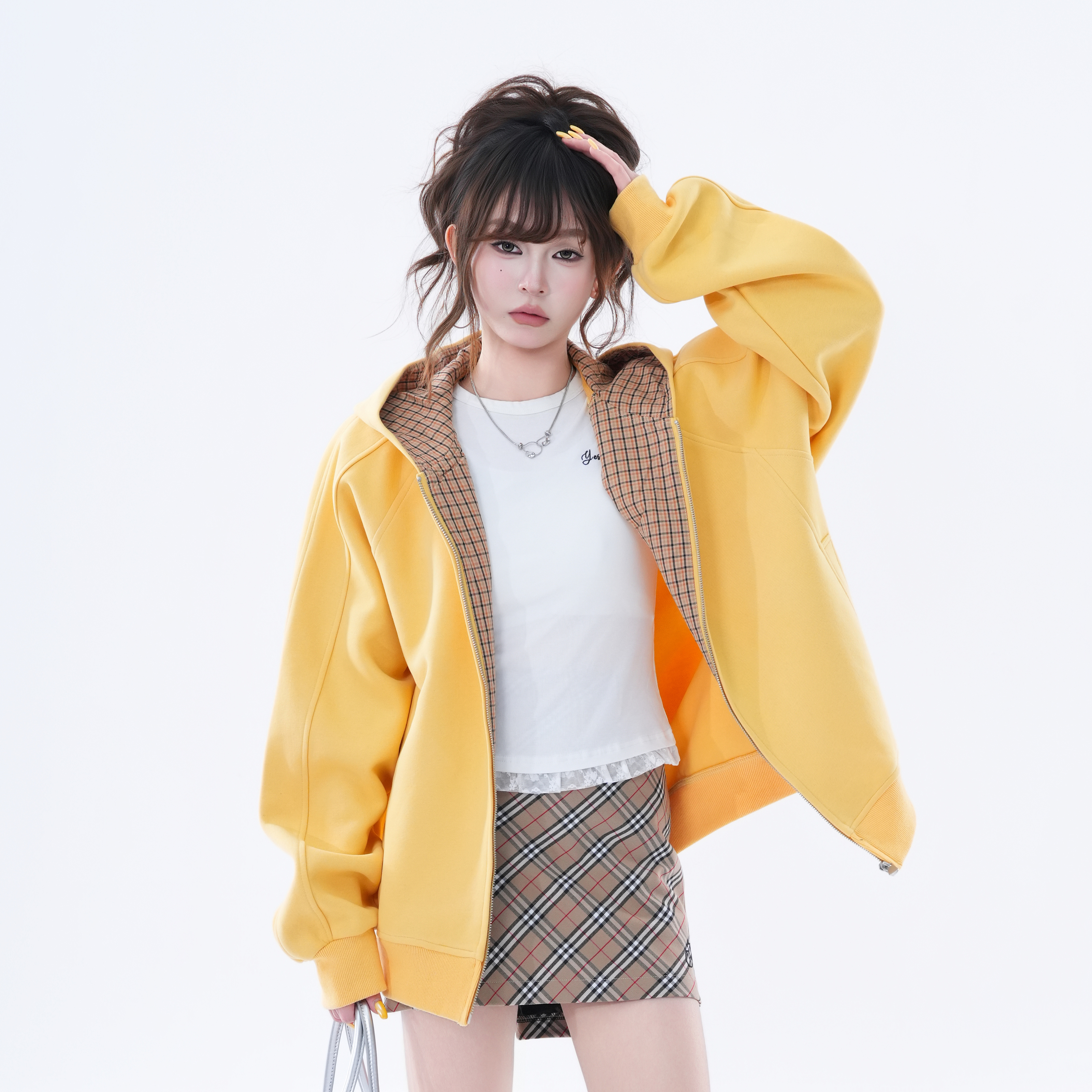 kk soul学院运动风拼接格纹连帽开衫女秋季复古宽松百搭卫衣外套