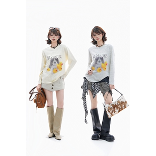 条纹内搭打底上衣女复古慵懒感趣味印花长袖 薄款 T恤潮 soul春季