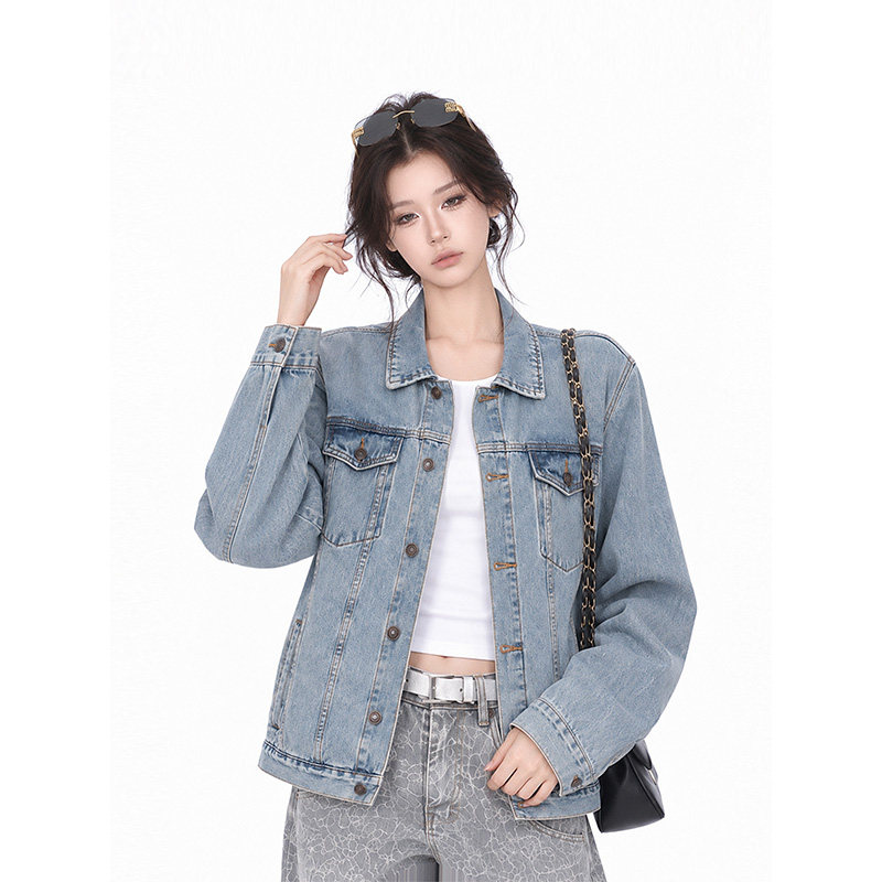 kk soul美式复古水洗牛仔夹克女秋季宽松翻领解构情侣装外套