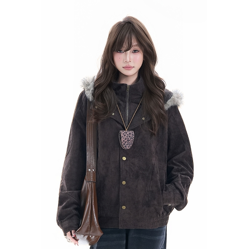 kk soul美拉德麂皮绒双层假两件夹克中性风vintage加绒连帽棉服潮