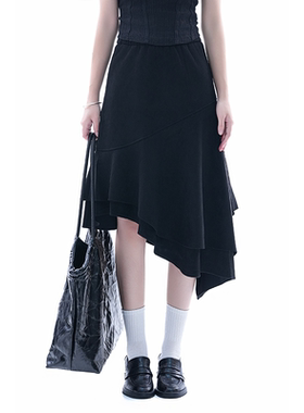 kk soul美式复古黑色高腰半身裙女夏季显瘦遮垮不规则a字裙裙子潮