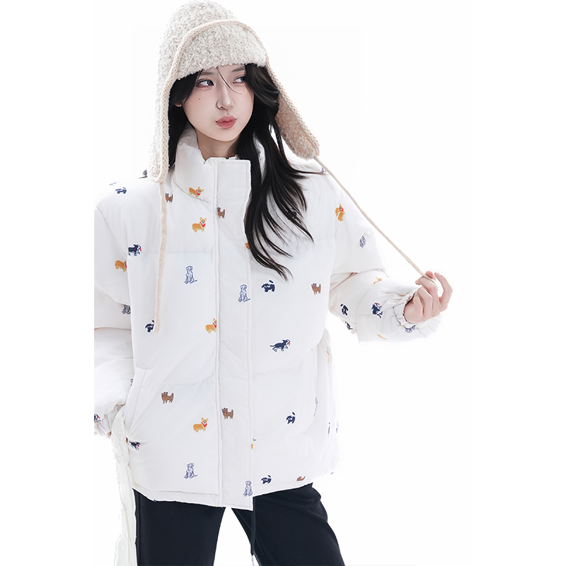 kk soul冬季甜美可爱风小狗印花保暖棉服美式趣味立领面包服外套