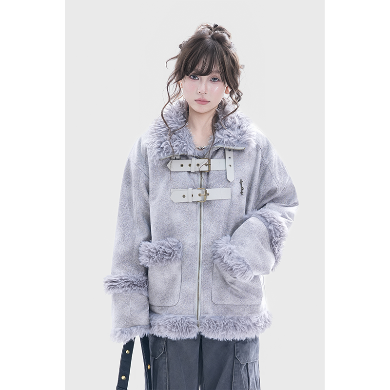 kk soul美式毛绒立领麂皮绒棉服外套女冬季加厚保暖机车服棉袄潮