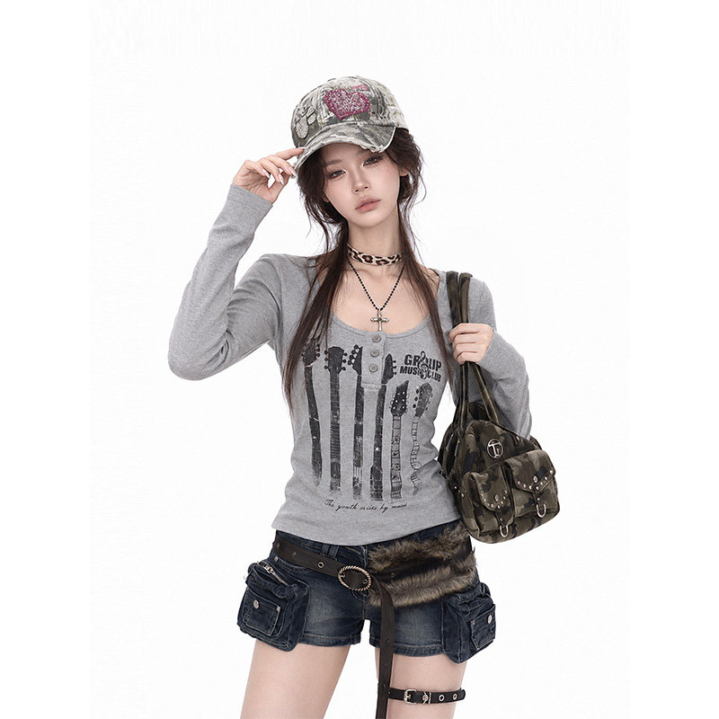 kk soul Y2K复古摇滚吉他印花长袖T恤女修身显瘦低圆领打底上衣