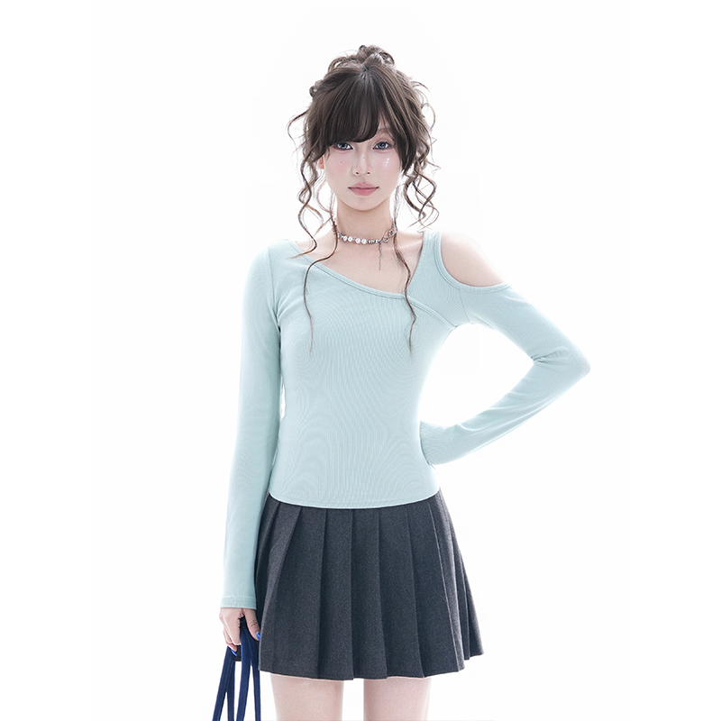 kk soul秋冬韩系温柔风不规则斜肩长袖T恤女慵懒风设计感修身上衣