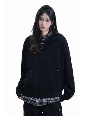 kk soul美式复古连帽拉链黑色卫衣开衫女早秋新款慵懒感宽松上衣