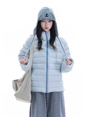 kk soul美式复古排骨型连帽天蓝色羽绒服女冬季简约保暖宽松外套