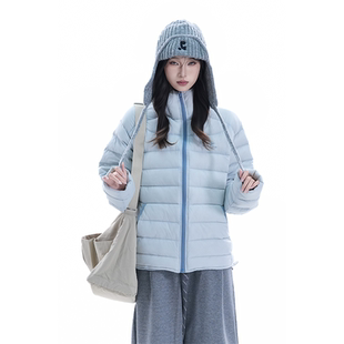 kk soul美式复古排骨型连帽天蓝色羽绒服女冬季简约保暖宽松外套