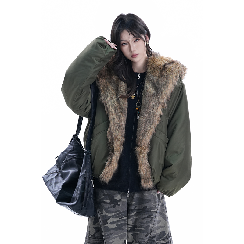 kk soul美式高街座山雕大毛领连帽棉服外套潮牌冬季保暖加厚棉袄