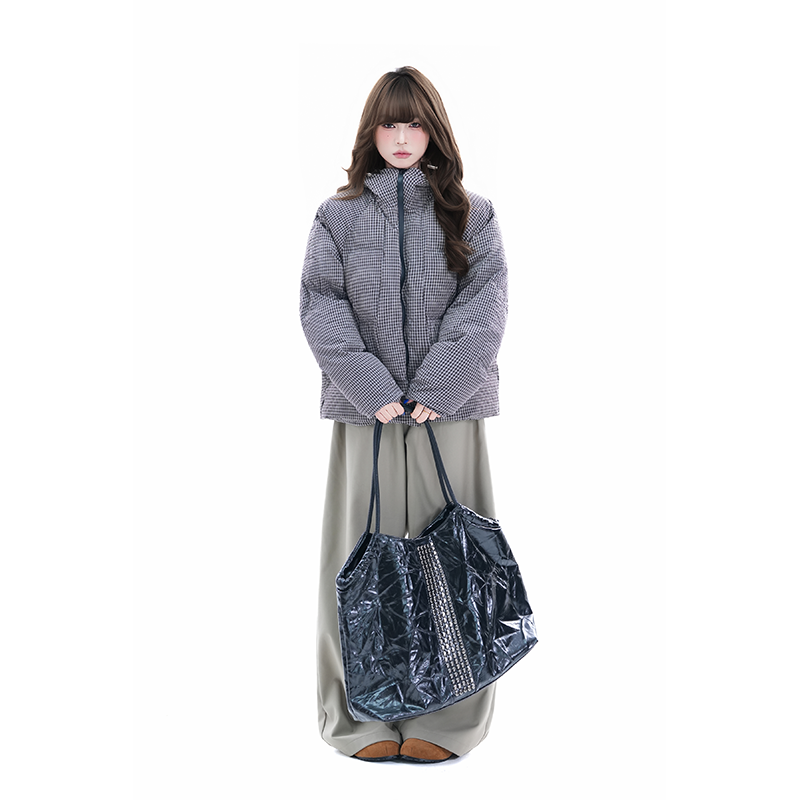 kk soul冬季加厚格子立领棉服外套高级感潮牌保暖宽松面包服棉衣