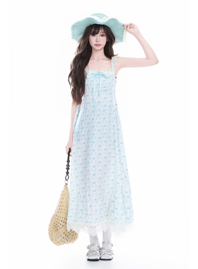 kk soul夏日盐系花边蕾丝碎花连衣裙新款温柔风海边蓝色吊带长裙