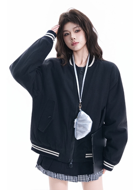 kk soul美式复古黑色棒球服外套潮牌撞色条纹百搭无性别情侣夹克