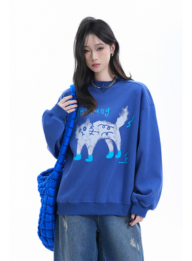 kk soul美式复古炸毛小猫蓝色圆领卫衣女早秋慵懒感情侣长袖上衣