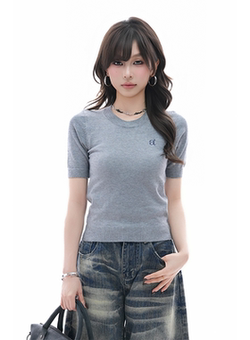 kk soul夏季紧身圆领短袖针织衫女韩系修身显瘦辣妹短款正肩上衣