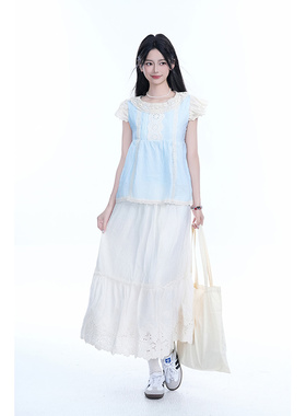 kk soul蓝色小飞袖休闲百搭日系上衣甜美花边松紧腰蛋糕裙两件套