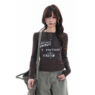 soul美式 辣妹打底衫 复古短款 T恤女亨利领修身 上衣 字母印花长袖