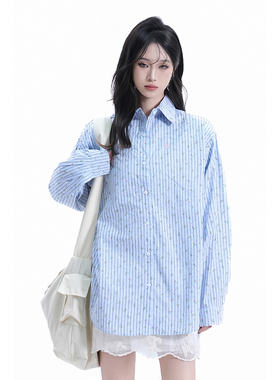 kk soul美式复古蓝色满印碎花衬衫开衫女休闲百搭后背镂空衬衣ins