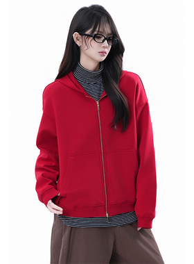 kk soul美式复古红色连帽卫衣开衫秋冬潮牌宽松休闲百搭拉链外套