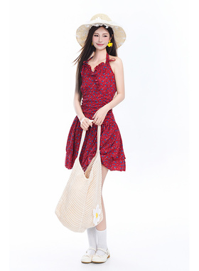 kk soul法式浪漫碎花红色连衣裙夏季新款度假风别致收腰显瘦短裙