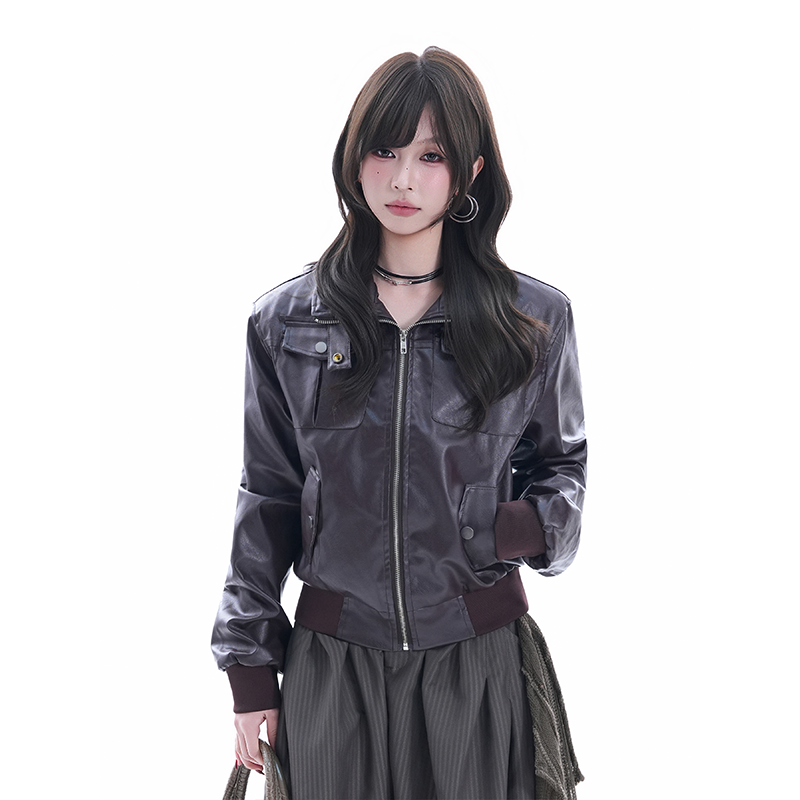 kk soul美拉德穿搭立领皮衣外套女机车风显瘦短款小众高级感夹克,女装/女士精品,短外套,淘宝优惠券,粉丝福利购,淘宝优惠卷