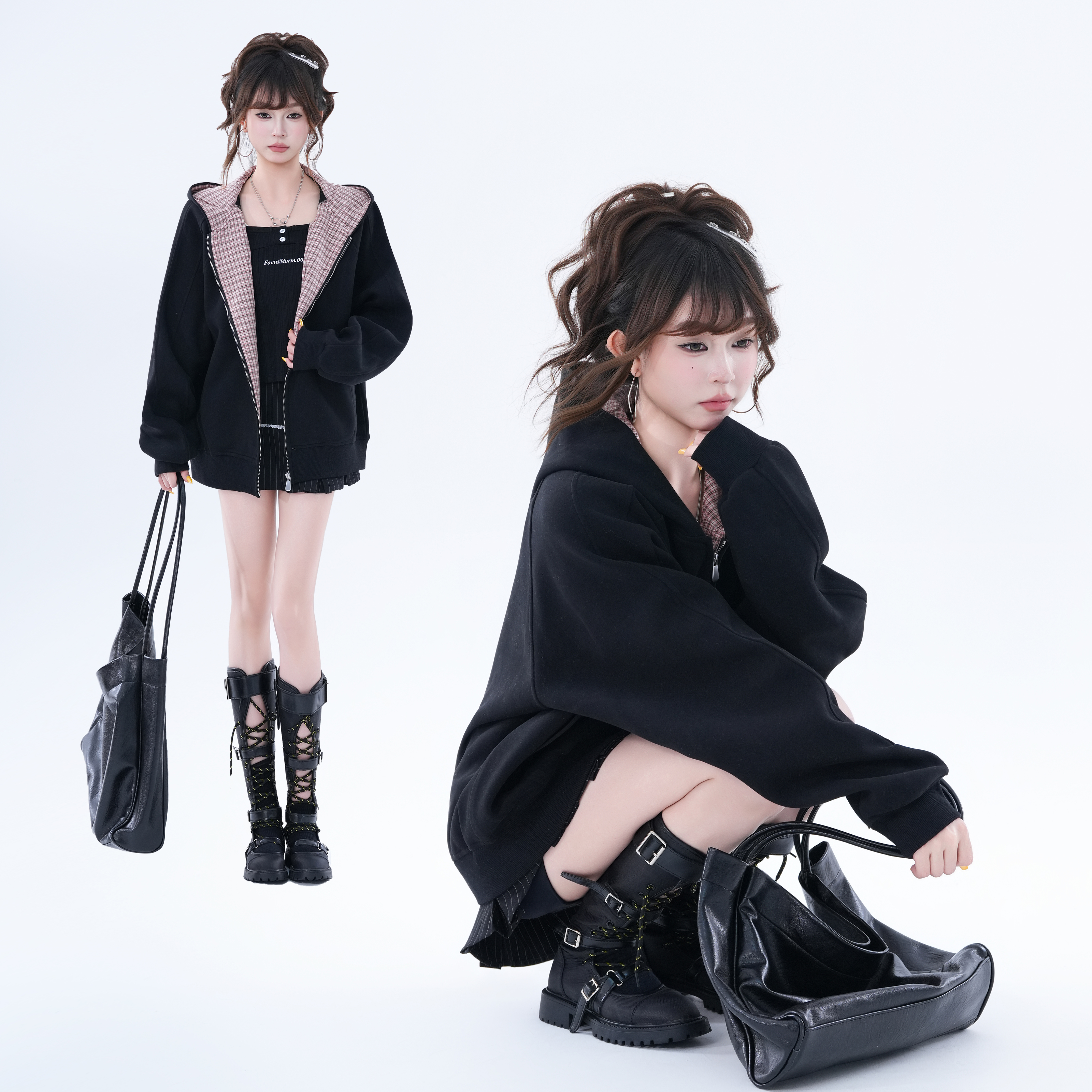 kk soul美式复古格纹连帽开衫外套春秋新款小众宽松休闲情侣外套