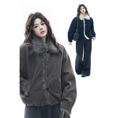 kk soul美式复古vintage毛领棉衣冬季座山雕加绒加厚保暖棉服外套