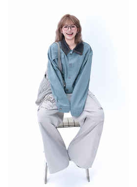 kk soul美式复古蓝色撞色拼接皮领夹克上衣多口袋宽松百搭外套潮