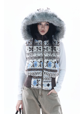 kk soul美式复古羊羔毛冬季氛围感连帽马甲费尔岛收腰短款棉服ins