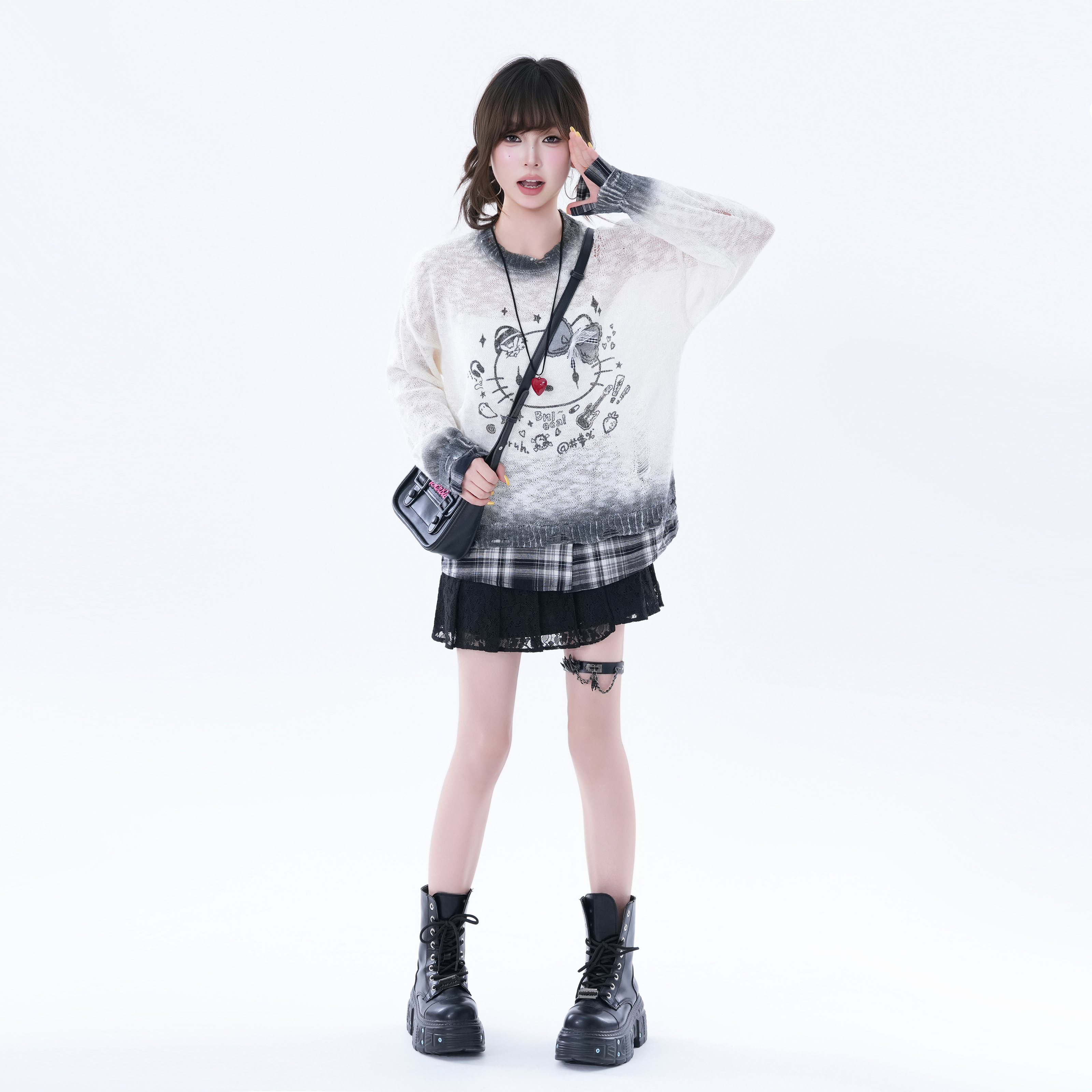 kk soul韩系甜美Kitty猫印花渐变色长袖T恤女宽松薄款罩衫上衣