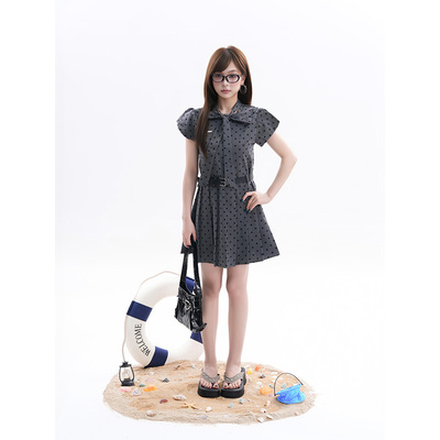 kk soul韩系学院风甜美波点连衣裙格雷系高智感设计感收腰短裙ins