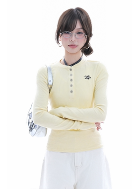 kk soul韩系半纽扣显瘦ins亨利领长袖短款正肩修身开领辣妹T恤