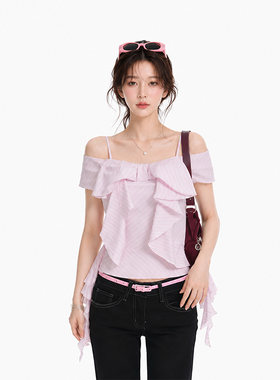 kk soul韩系甜美风荷叶边吊带背心女不规则设计蝴蝶结一字肩上衣