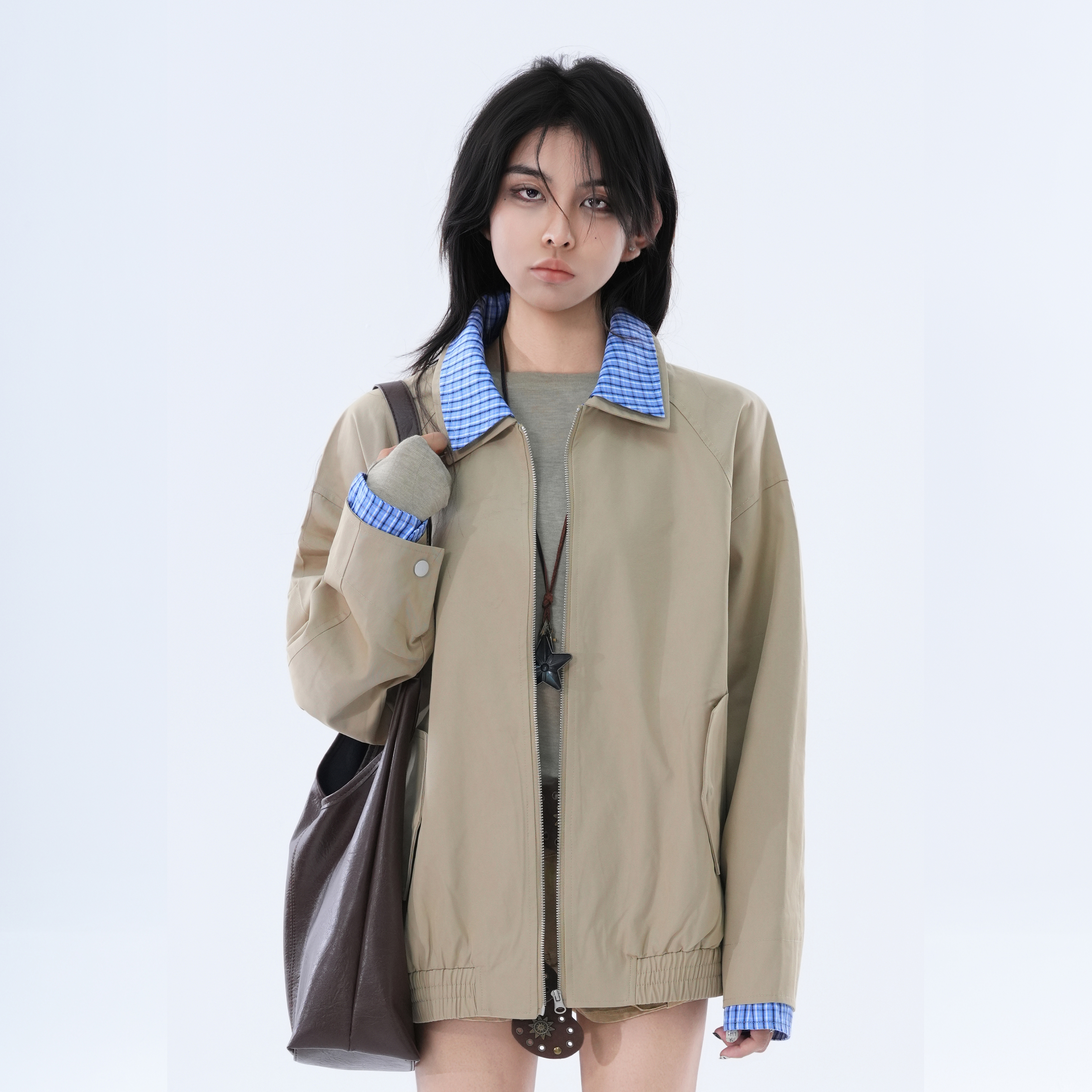 kk soul美式复古巴恩风撞色拼接格纹夹克女春秋新款宽松情侣外套